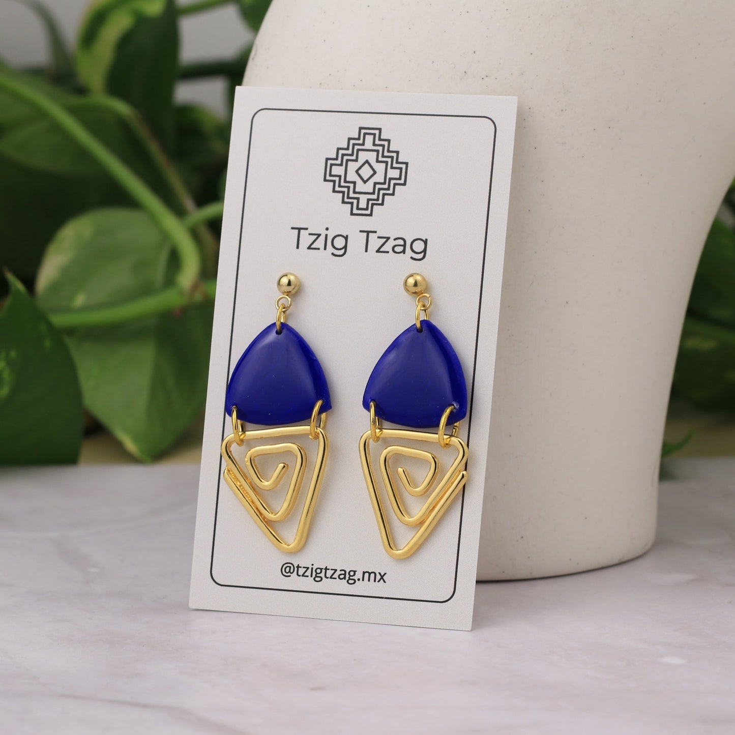 Aretes Jano Dorados - Tzig Tzag Joyería -Color Azul