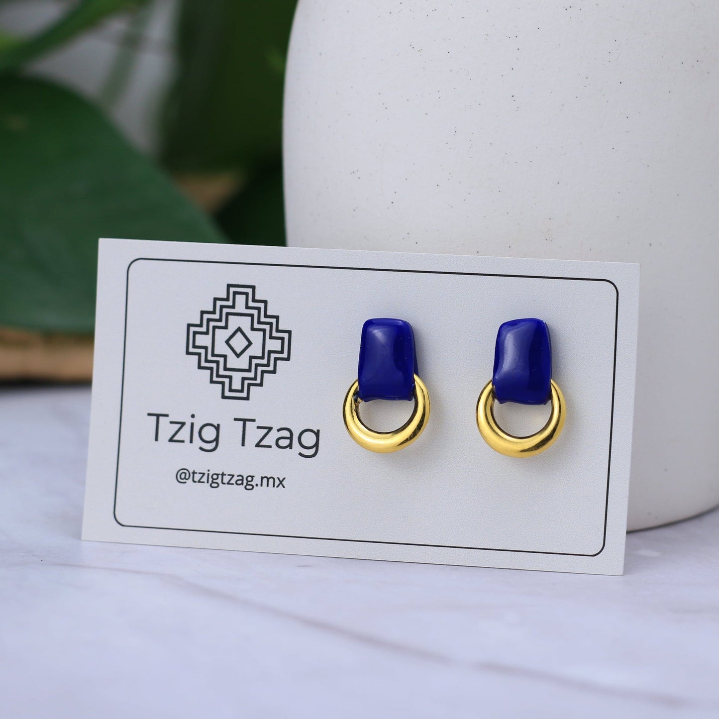 Aretes Soter Dorados - Tzig Tzag Joyería -Color Azul